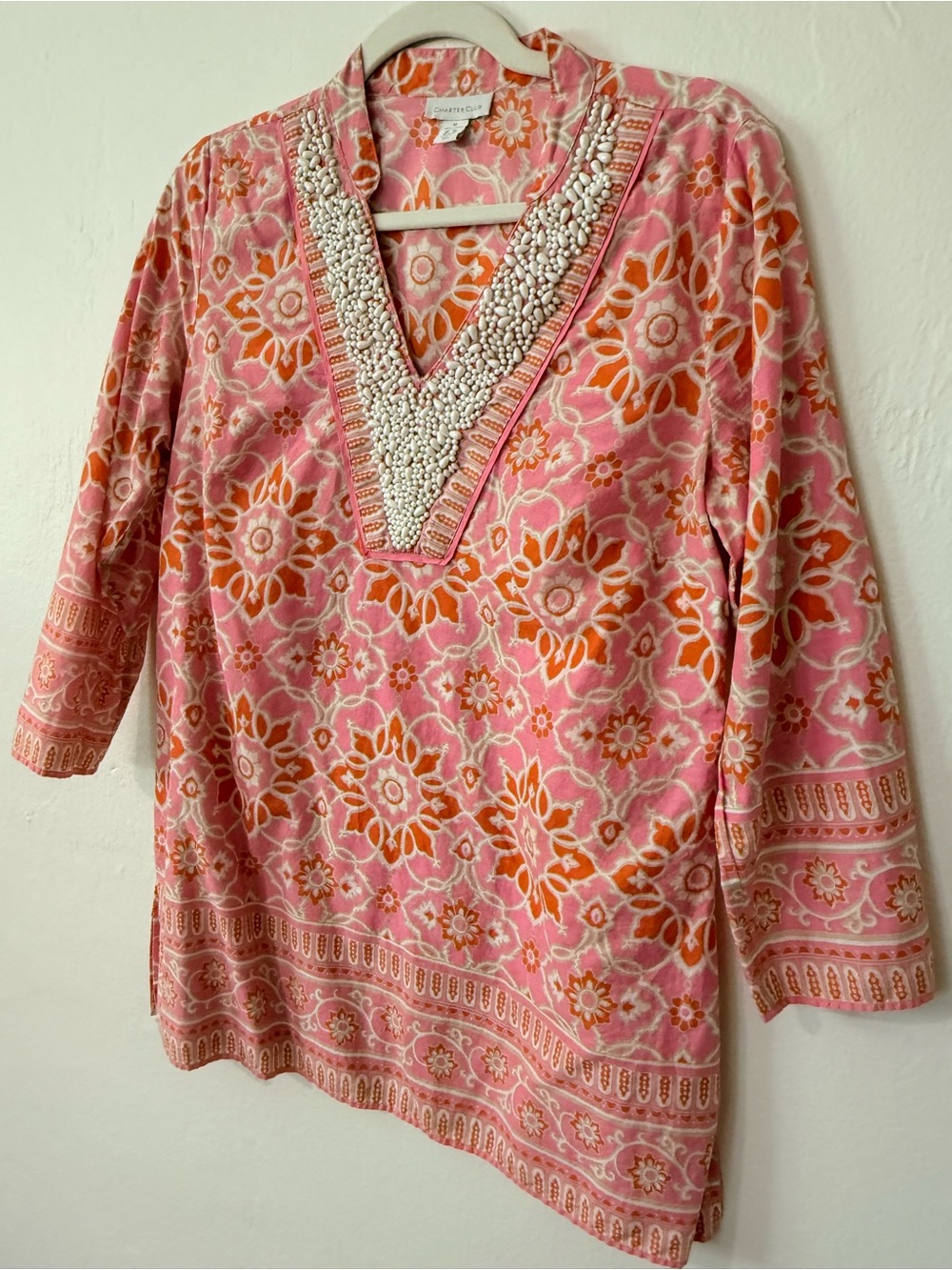 Charter Club Pink Orange Beaded Cotton Tunic Top Beach Cover Up Size M